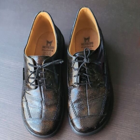 Mephisto Black Genuine Leather Oxfords Shock Absorber Polished Finish Us 7.5 - Picture 1 of 9